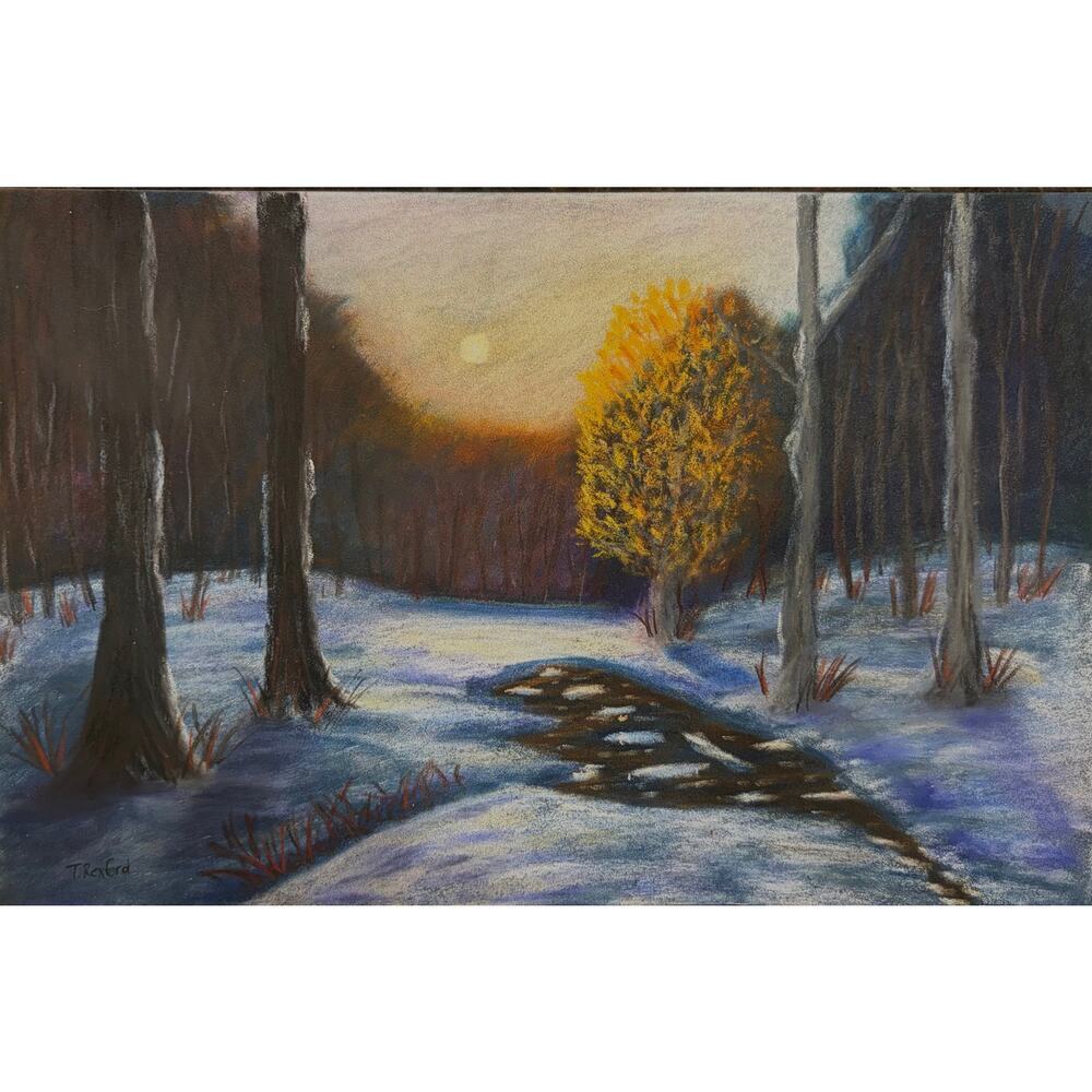 Hand painted pastel painting snowy woods at sundown